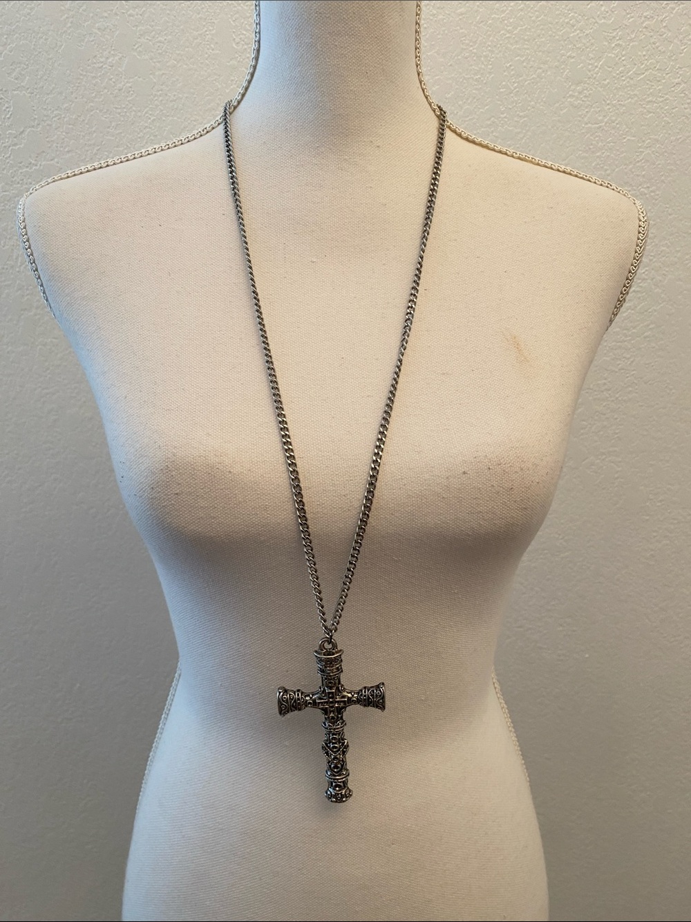 Large Sterling-Look Ornate Cross Pendant and Silver like Long Necklace